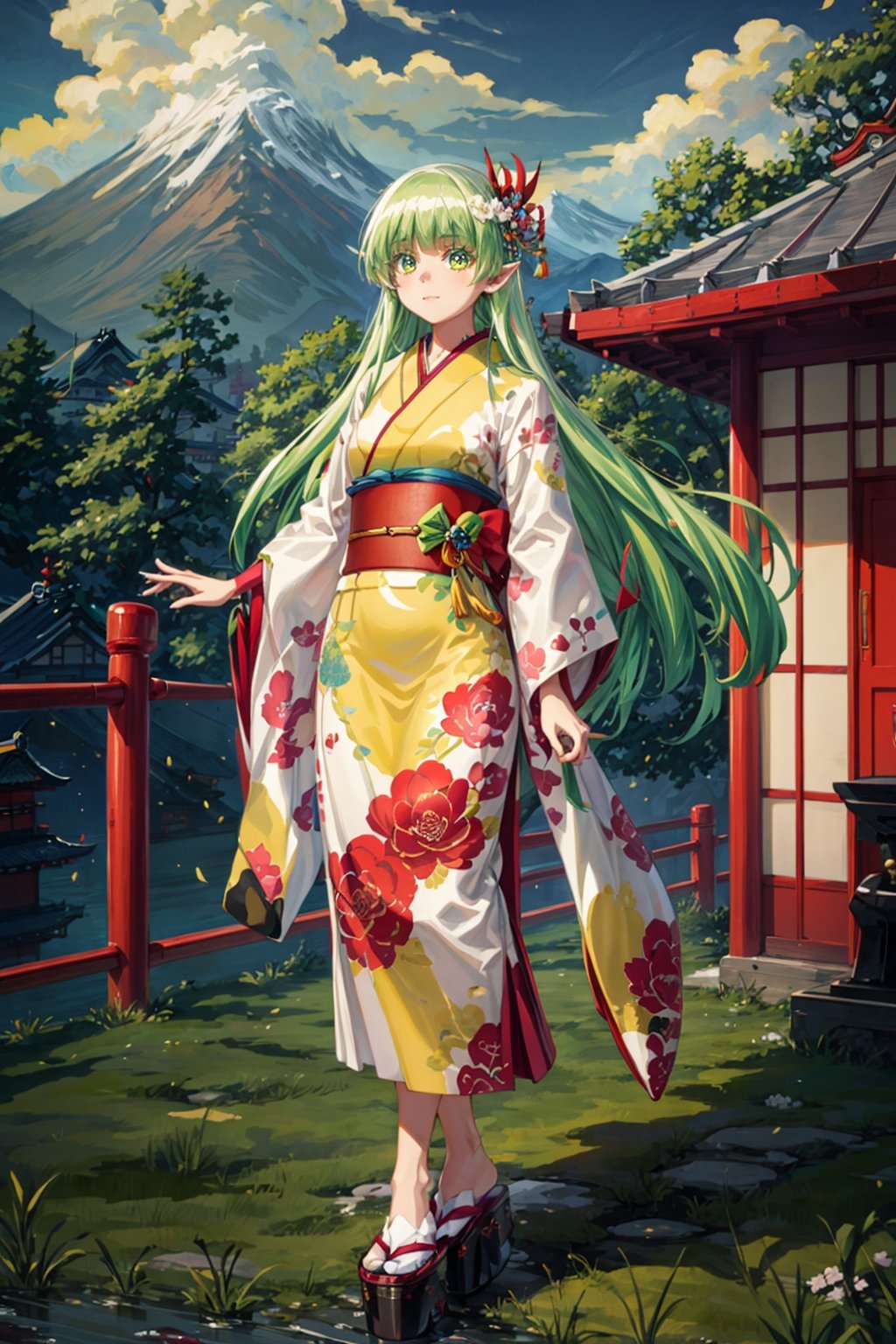 Highly detailed, High Quality, Masterpiece,beautiful,(medium long shot), sole_female, japanese_clothes, valac clara (green hair, green eyes, pointy ears), traditional japanese temple background, detalied background