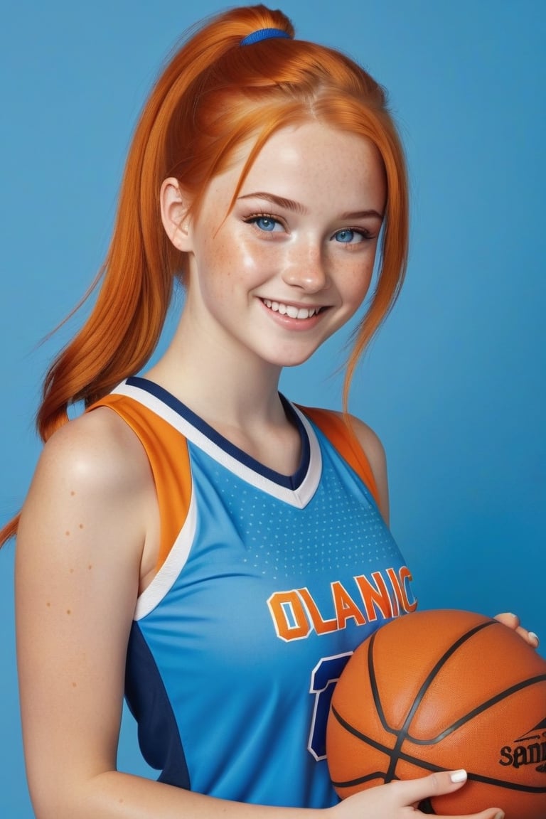 Full body photo, Realistic photo, phone quality photo, cute Slavic girl, orange hair, ponytail hairstyle, realistic blue eyes, freckles, orange basketball uniform, holdin basketball, smiling, slightly posing for a photo, basketball hall background 