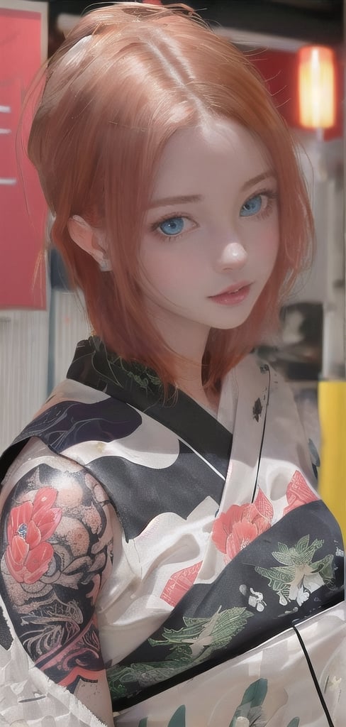 One person, Beautiful teen bright orange hair, freckles, blue eyes,Japanese tattoos, photo r3alge