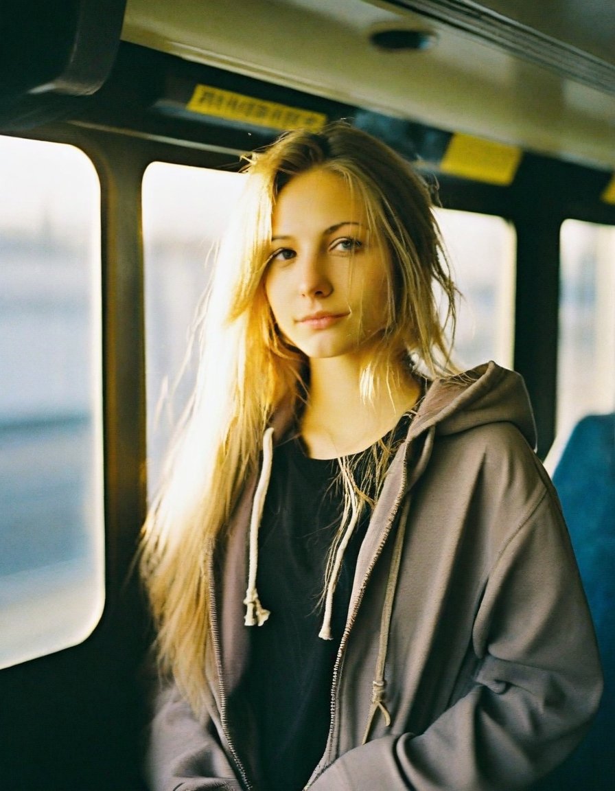 SDS_girl,, 8K,solo, full body shot, young, slim girl, thin face, cheeky face, seductive look, 1 person, blond hair with brown roots, gray eyes, nose piercings, nose ring, sharp facial features, gray hoodie, baggy black jeans, motorcycle helmet in hand, KODAK Ektar 100,(Film grain:1.2),light particles,looking at viewer,earrings,sunshine,LinkGirl,FilmGirl, inside train, CindyR,rebsonya