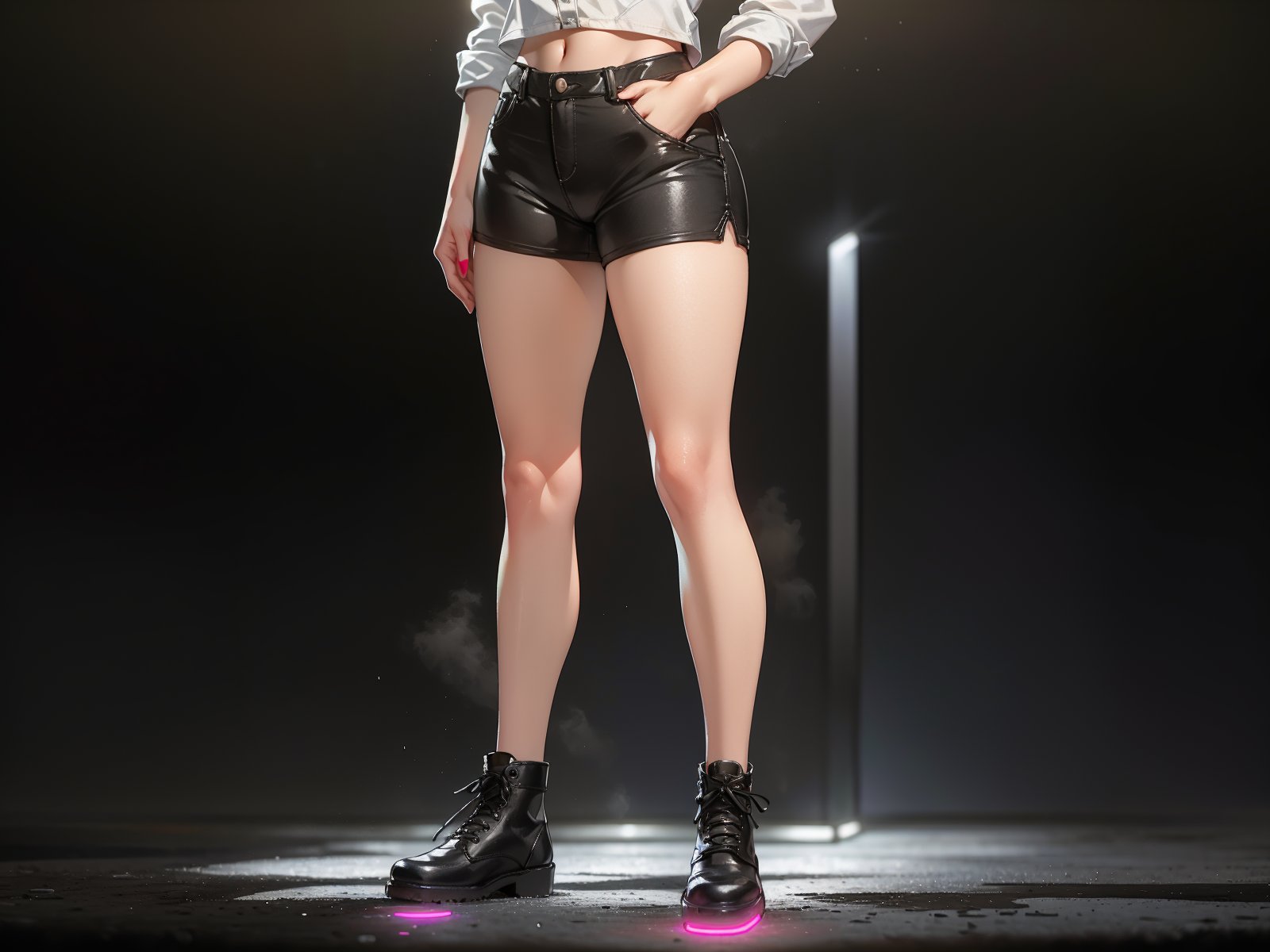 SkpFace, Solo. Woman, realistic, wearing combat boots,  shor shorts, croped shirt, fullbody_shot, perfect face, cute eyes, looking at viewer,  

((standing, neon lights, glowing in the dark, night time style, fog:1.4, city scape, black dark background, (cold colors), damp, moist, reflections, (masterpiece) (perfect proportion), (realistic photo), (best quality), (detailed), (amoled neon lighting), (sharp focus) (intricate), Neon Light,neon photography style)),photorealistic