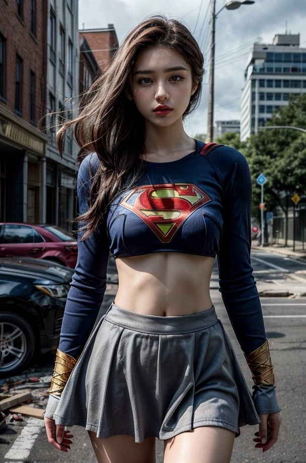 Immist view,masterpiece, best quality, high detailed, Extremely Realistic, beautiful girl wearing supergirl costume 
,Dark brown hair,Sad expression,On the ruined street of the building,clothes torn during battle,skirt,nipples visible through clothes,exposed breasts,It's drizzling in the gray sky,