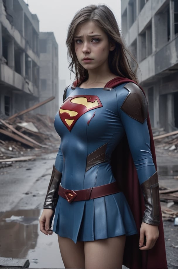 Immist view,masterpiece, best quality, high detailed, Extremely Realistic, beautiful girl wearing supergirl costume 
,Science and technology combat suit，Dark brown hair,Sad expression,On the ruined street of the building,The clothes are seriously damaged and exposed breasts,It's drizzling in the gray sky