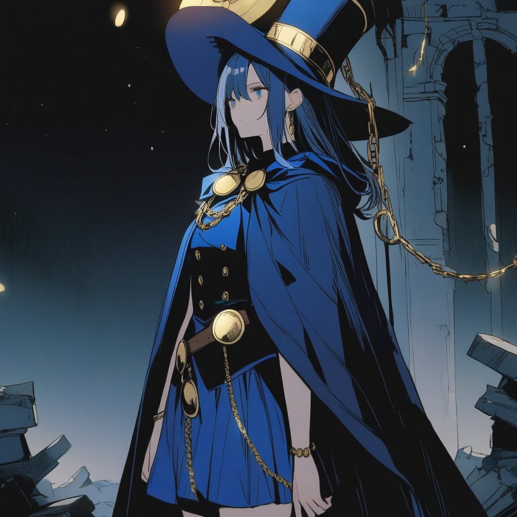 1 girl,big blue cloak,blue top hat,Gorgeous high hat,decorated with gold discs and chains,leather belt,
background starry sky,ruins at night,txznf