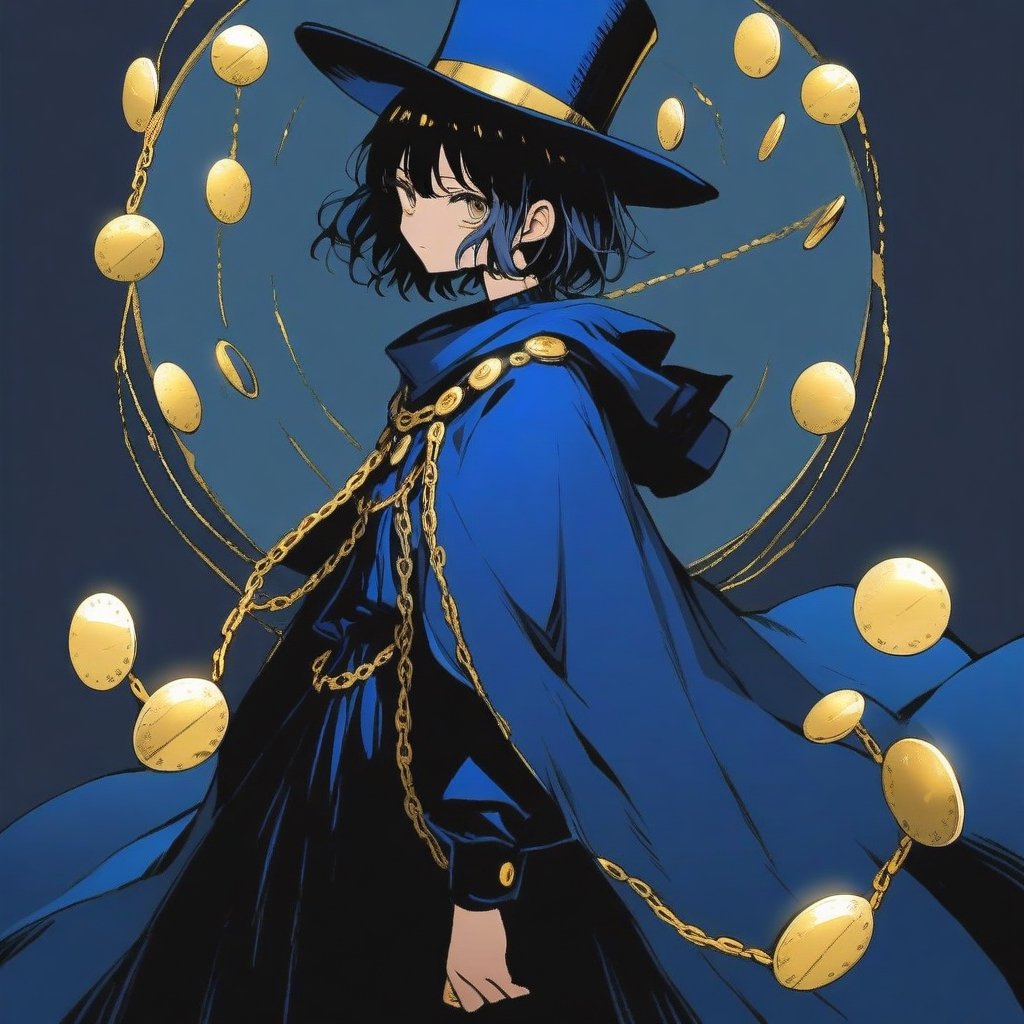 _Boogiepop,1 girl,big blue cloak,blue top hat,decorated with gold discs and chains,