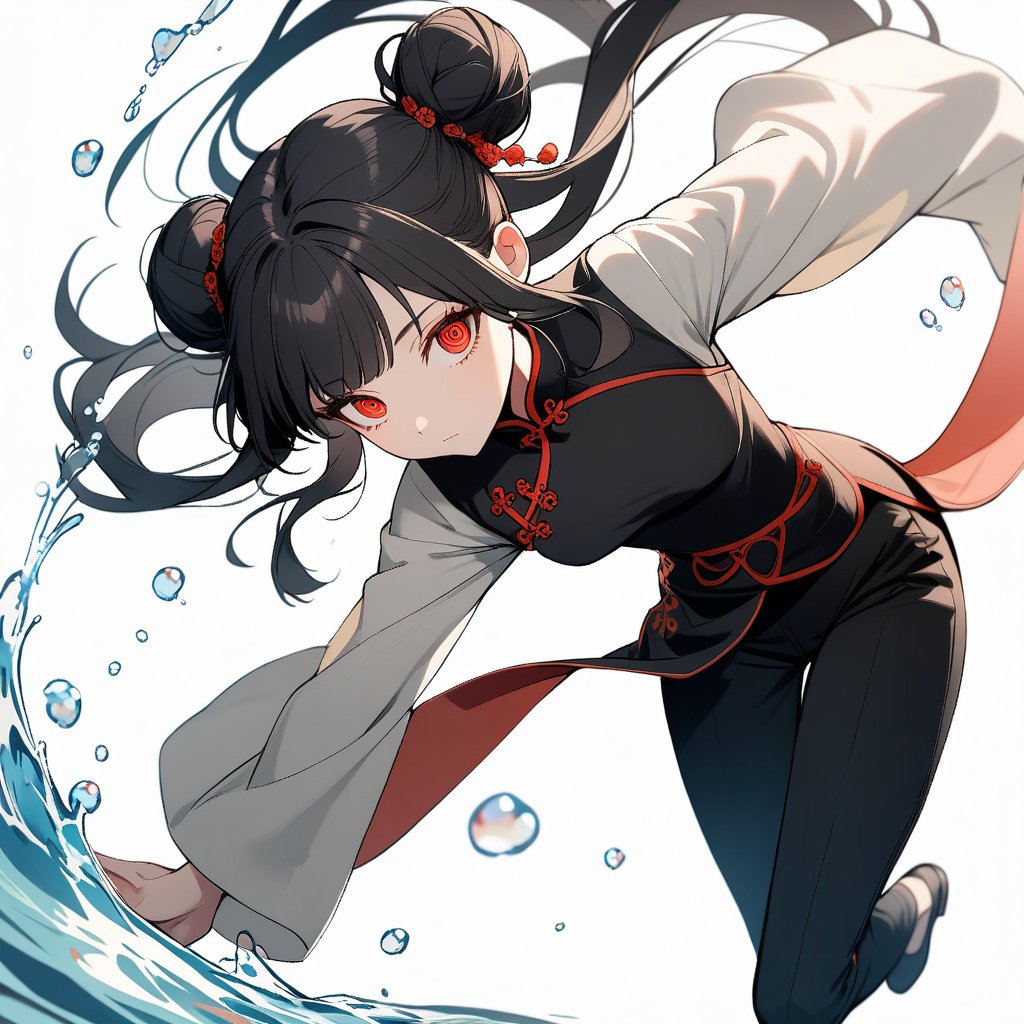 1girl, solo, long hair, bangs, simple background, black hair, red eyes, long sleeves, white background, closed mouth, sidelocks, pants, water, hair bun, eyelashes, double bun, floating hair, chinese clothes, black pants, bubble, @ @, air bubble, ringed eyes, tangzhuang