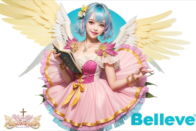 1girl, solo, looking at viewer, smile, short hair, pink dress, holding, jewelry, blue hair, yellow eyes, flower, pantyhose, wings, necklace, character name, crystal cross bracelet on hand, copyright name, holding book,angel_wings,solo,masterpiece