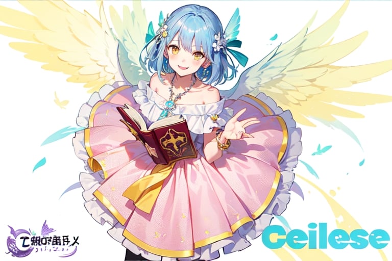 1girl, solo, looking at viewer, smile, short hair, pink dress, holding, jewelry, blue hair, yellow eyes, flower, pantyhose, wings, necklace, character name, crystal cross bracelet on hand, copyright name, holding book,angel_wings,solo,masterpiece