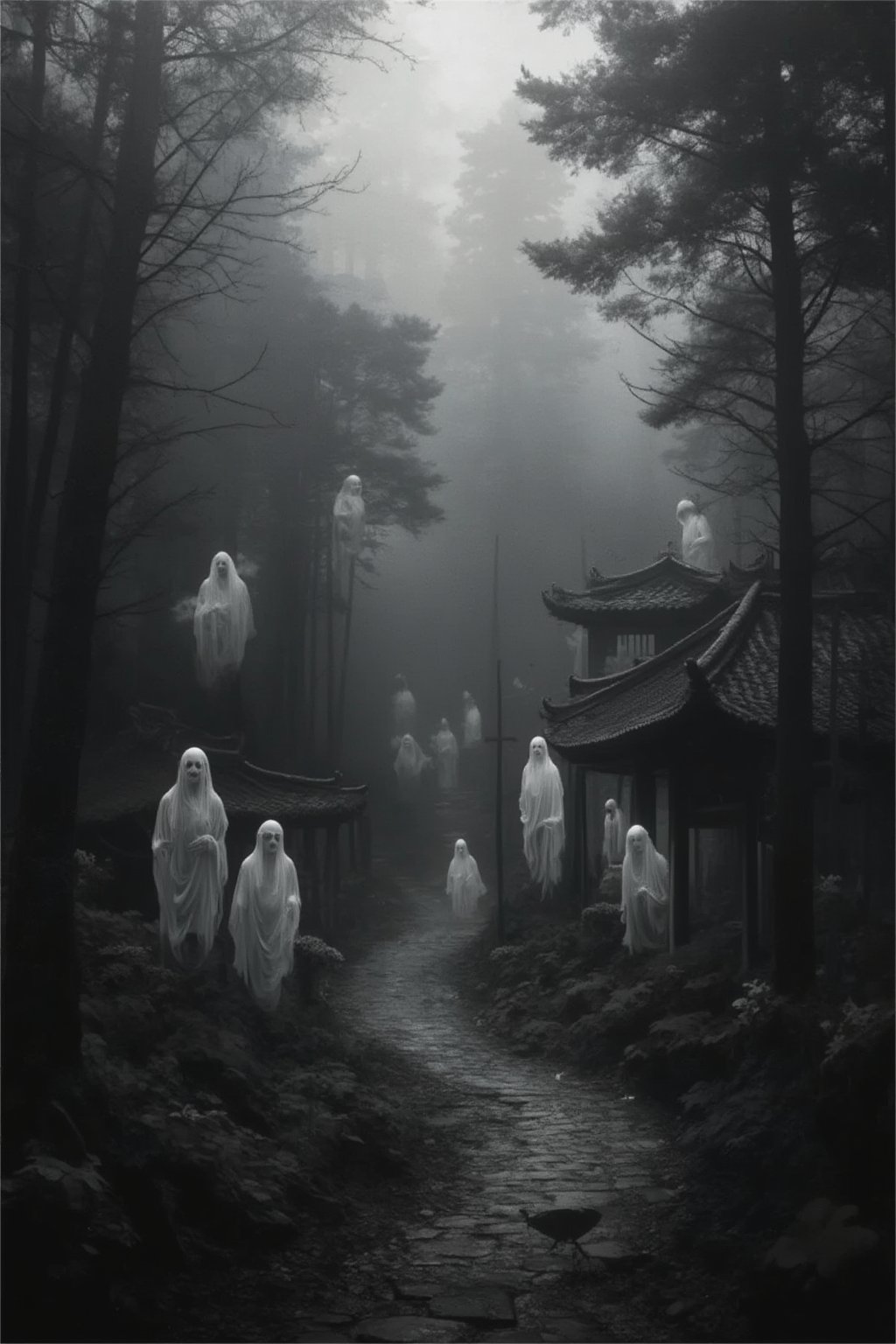 A serene Chinese village nestled deep within a dense forest, depicted in monochrome with foggy atmosphere. The village is surrounded by ghostly apparitions, adding an eerie ambiance. The scene is framed with a wide-angle shot, capturing the entire village and the misty forest. The lighting is soft and diffused, enhancing the mysterious mood. The composition emphasizes the contrast between the village's tranquility and the ghostly presence.