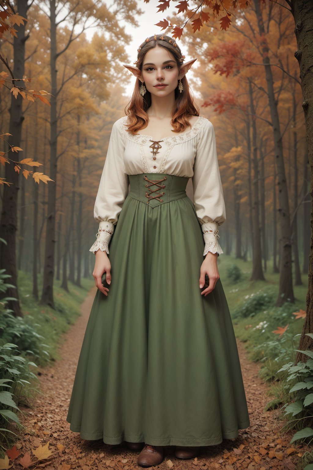  score_9,score_8_up,score_7_up, Masterpiece depicting a hairy-eared female elf, dressed in medieval garb with a short green skirt, strolling through a magnificent forest of ancient trees in autumn. Magical atmosphere. Warm autumn light.