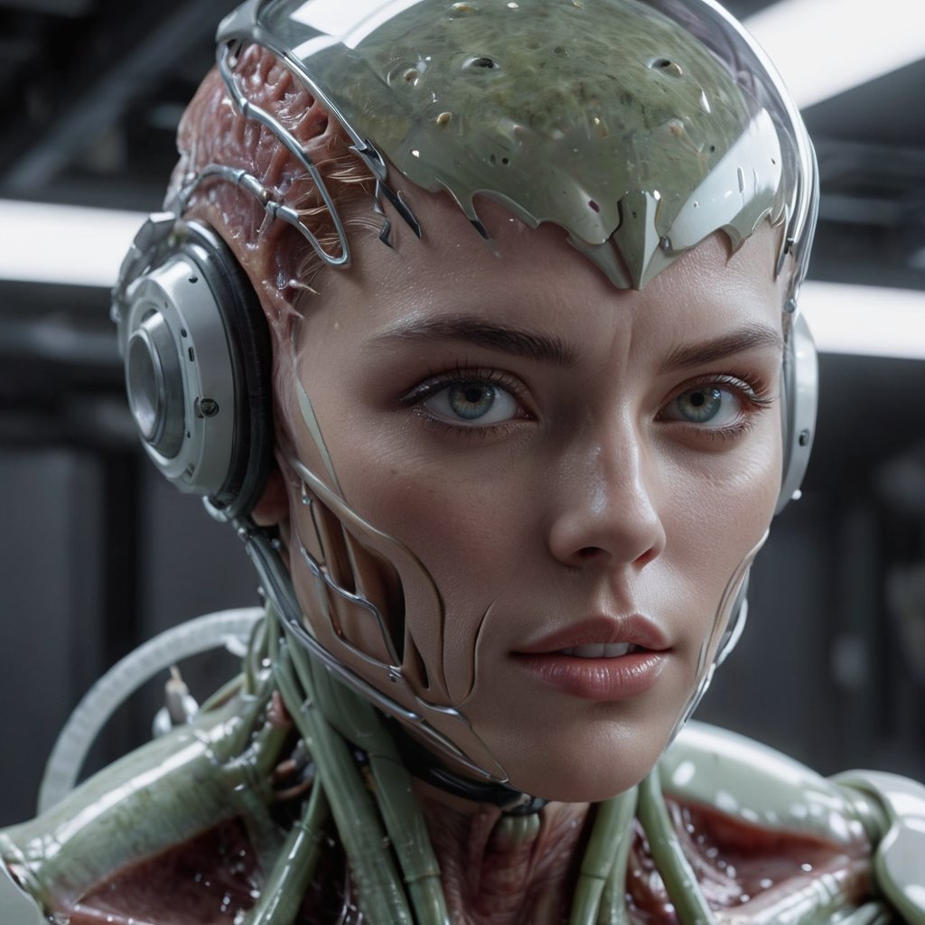 Hyperrealistic, HD, intricate details, humanoid decapodicampes monster, head and half head, with half translucent body and internal in a high-tech alien lab, translucent-flesh-grey, raw meat face, edges merged, smooth heads, smooth face, organic smooth scaly skin, horn, spacesuit, helmet, wet, bulky, old civic building, silk skin, compound eyes, tiny bug eyes with slit pupils, solid neck, hair, focus, by pascal blanche rutkowski repin artstation hyperrealism, 4 k 