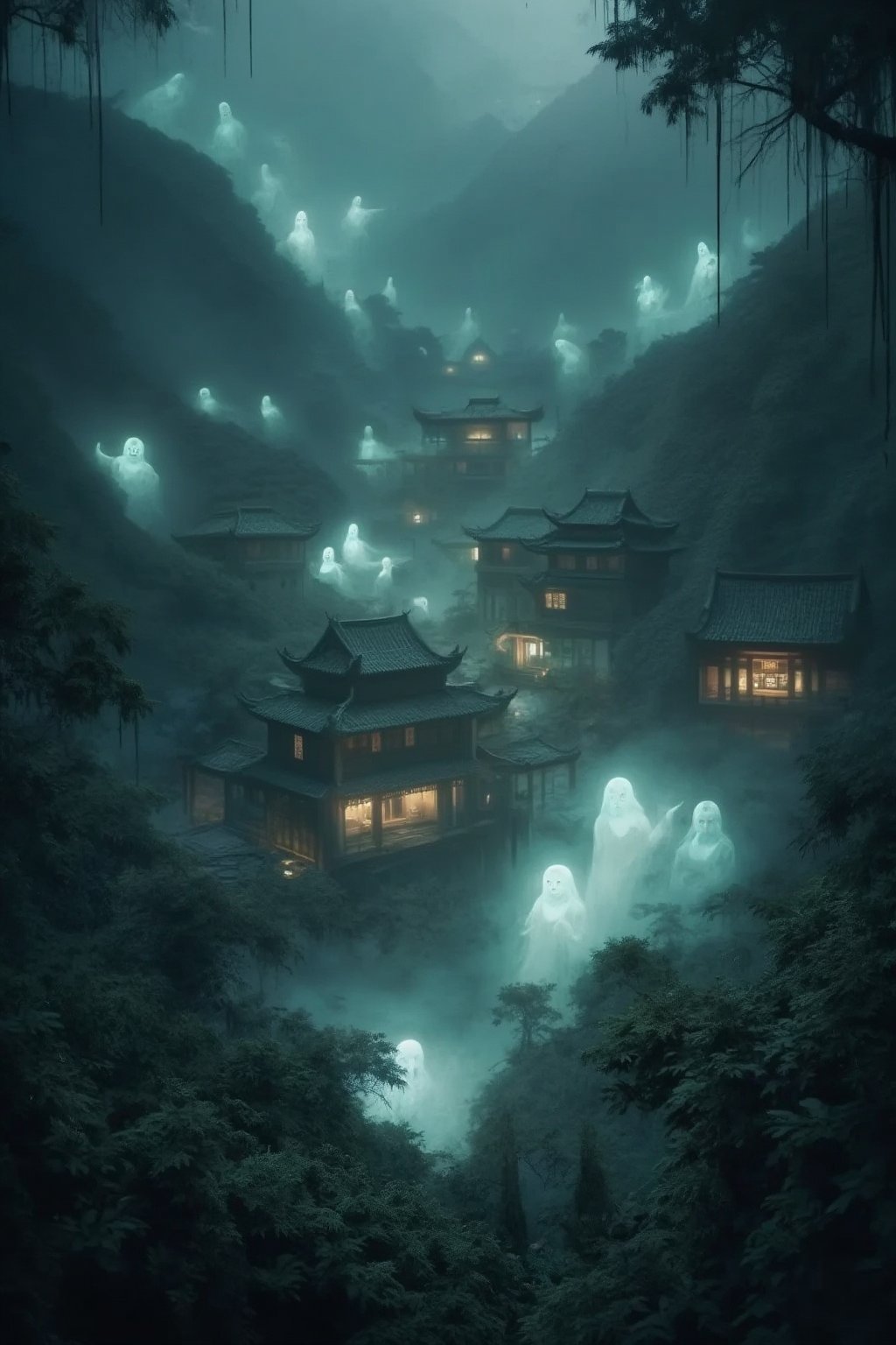 A serene Chinese village nestled deep within a dense forest, depicted in desaturated colors with foggy atmosphere. The village is surrounded by ghostly apparitions, adding an eerie ambiance. The scene is framed with a wide-angle shot, capturing the entire village and the misty forest. The lighting is soft and diffused, enhancing the mysterious mood. The composition emphasizes the contrast between the village's tranquility and the ghostly presence.