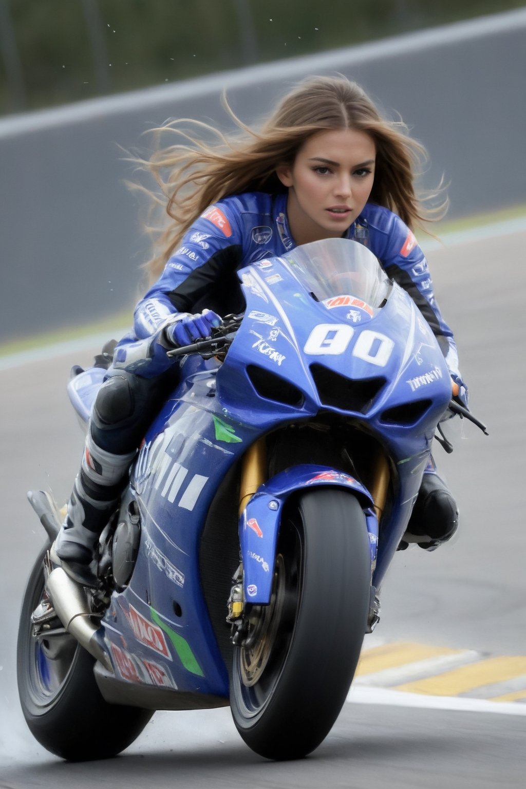 A hyperdetailed painting of a woman with long hair riding MotoGP on a circuit in a dynamic pose, with splattering sparks. The image is front view with low perspective. Apply blur effect and dramatic lighting, speed blur background.
