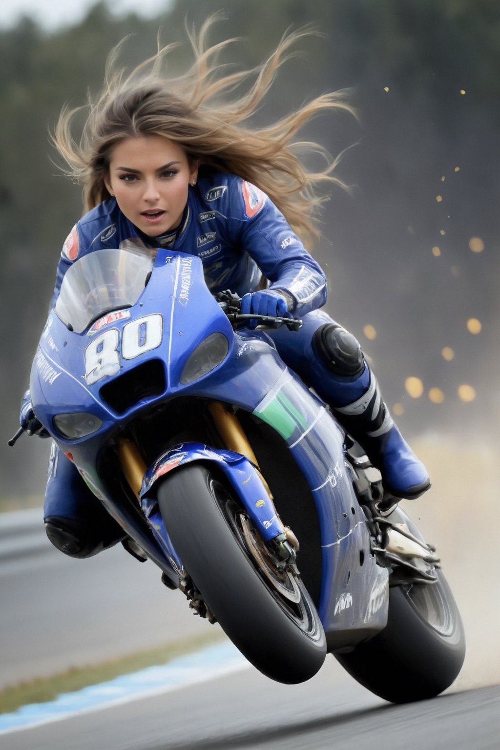 A hyperdetailed painting of a woman with long hair riding MotoGP on a circuit in a dynamic pose, with splattering sparks. The image is front view with low perspective. Apply blur effect and dramatic lighting, speed blur background.
