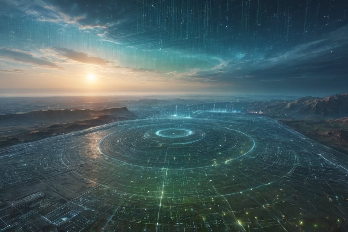 beautiful landscape realistic terrain stretching to the horizon, dotted with abandoned ancient city. The sky above is a swirling mass of nebula clouds with no sun, mixed with wireframe, circuit board and coding words like The Matrix, casting an eerie light over the barren landscape.