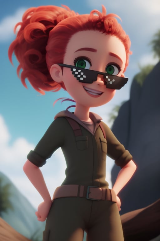 Tulip From Storks, standing, bushy ponytail, looking on viewer,incrsdealwithit, sunglasses, hands on hips, green eyes,happy 