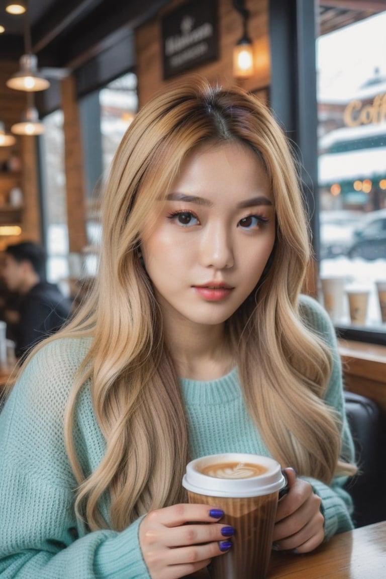 sexy cute young attractive asian girl, brown eyes, gorgeous actress, 23 years old, cute, an Instagram model, long blonde_hair, colorful hair, winter , in a coffee shop, 