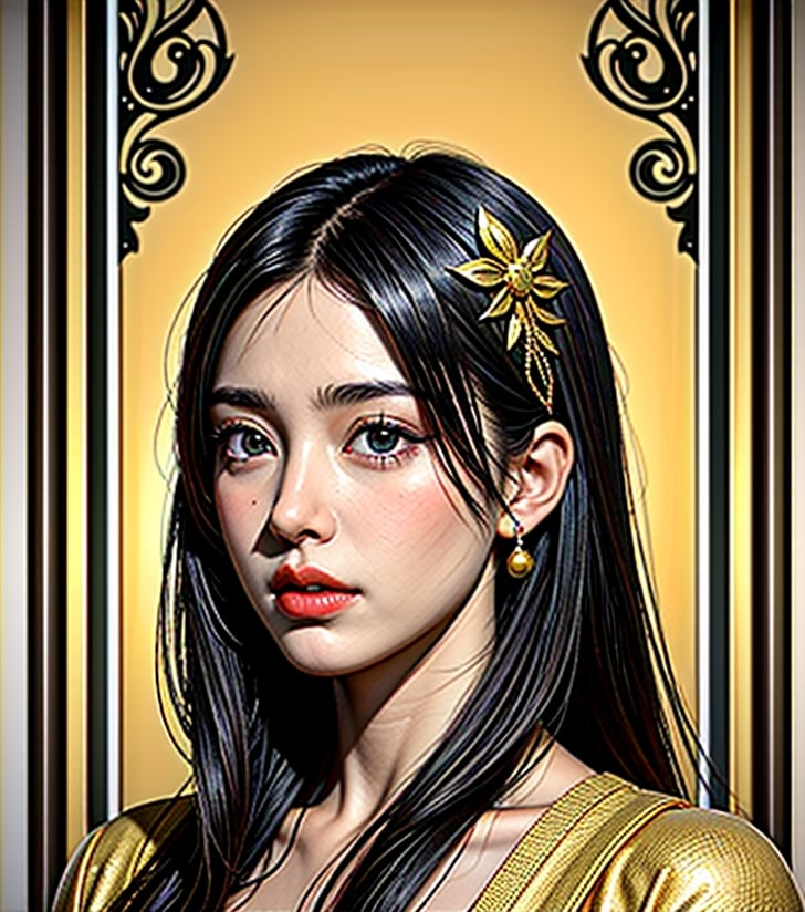 Gorgeous close-up face of a 23 year old girl, aloof, elegant, baroque decoration, delicate filigree, gold and obsidian decoration, high resolution, opulent mechanical complexity, intricate gold and obsidian textures.