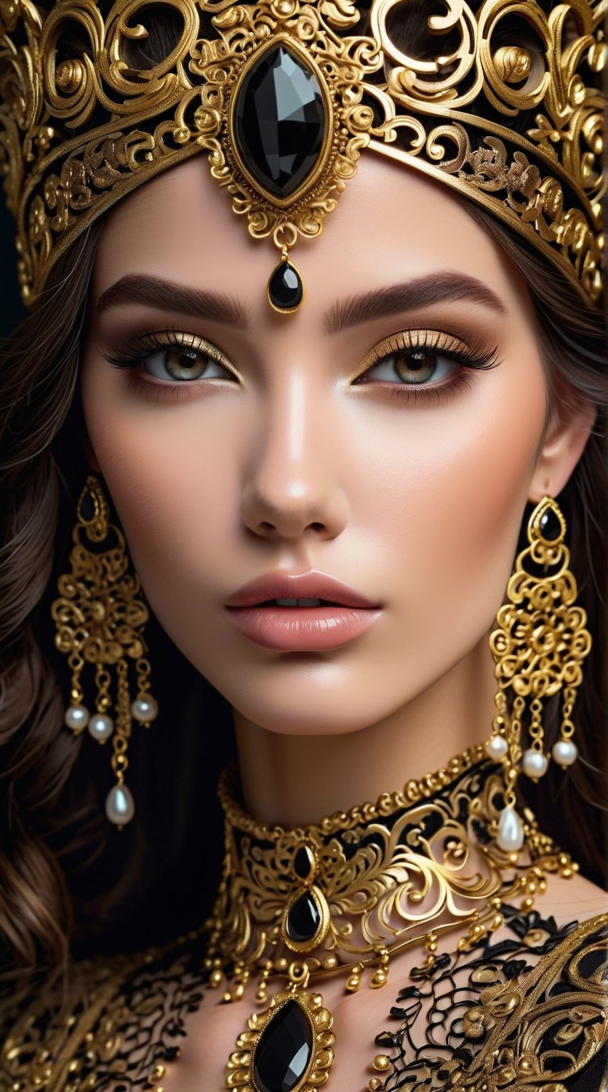 Gorgeous close-up face of a 23 year old girl, aloof, elegant, baroque decoration, delicate filigree, gold and obsidian decoration, high resolution, opulent mechanical complexity, intricate gold and obsidian textures.