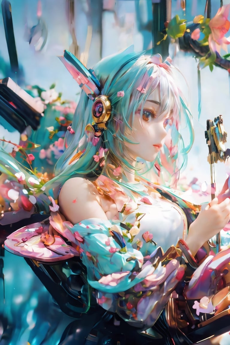 (1 female) (Solo) Sitting, playing electric guitar, cute green hair, long flowing hair, big breasts, cherry blossom kimono, profile, cute face, music notes surrounding her, Tokyo Shintani street background fantasy, imagination, harmonious melody