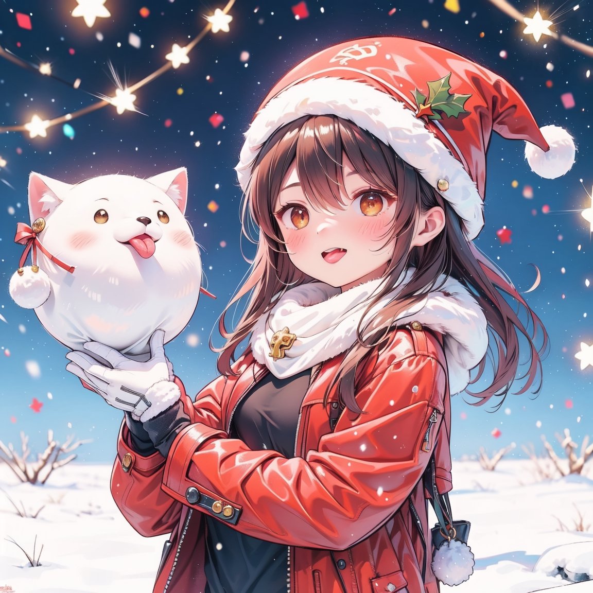 Christmas, Christmas, 1boy, animal, dog, hat, Christmas, Santa hat, red headdress, open mouth, brown eyes, brown hair, shy smile, fur-trimmed headdress, red jacket, reindeer, looking Spectator, snowing, gloves, Shiba Inu, holding, casual suit, fur trim, snow, teeth, tongue, long sleeves. cozy background
, Mecha body