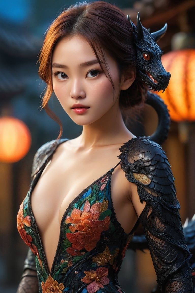 (best quality, masterpiece, colorful, dynamic angle, highest detailed) upper body photo, fashion photography of cute nsfw, asian, korean, japanese, chinese freckled vixen, holding a black dragon, (ultrahigh resolution textures), in dynamic pose, bokeh, glowing web, (intricate details, hyperdetailed:1.15), detailed, moonlight passing through hair, perfect night, fantasy background, (official art, extreme detailed, highest detailed), HDR+