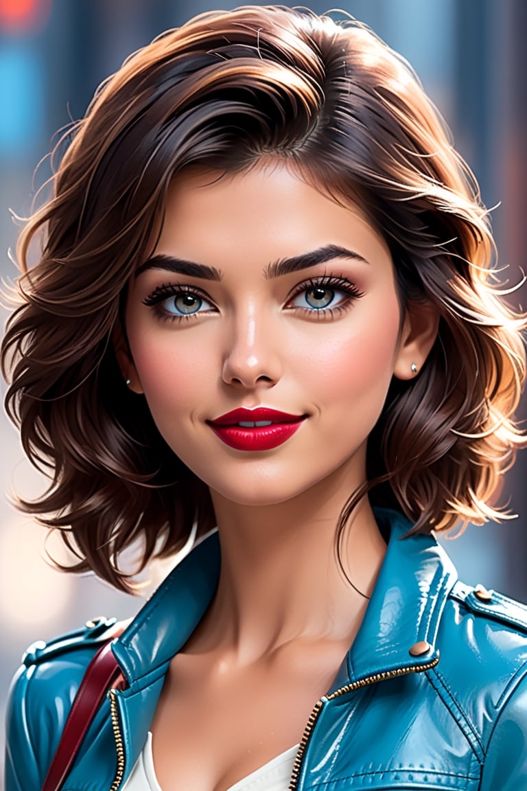 create a hyper realistic one third portrait Indian most attractive woman in her 30s, Georgia Fowler, flirty gaze, beautiful face, 36D, Trendsetter wolf cut brown hair messy hair light brown hair,  She is wearing a lite blue leather jacket,  trending on artstation, portrait, digital art, modern, sleek, highly detailed, formal, determined, CEO, colorized, smooth, charming, pretty, soft smile, dark red lipstick, soft lips,disney pixar style