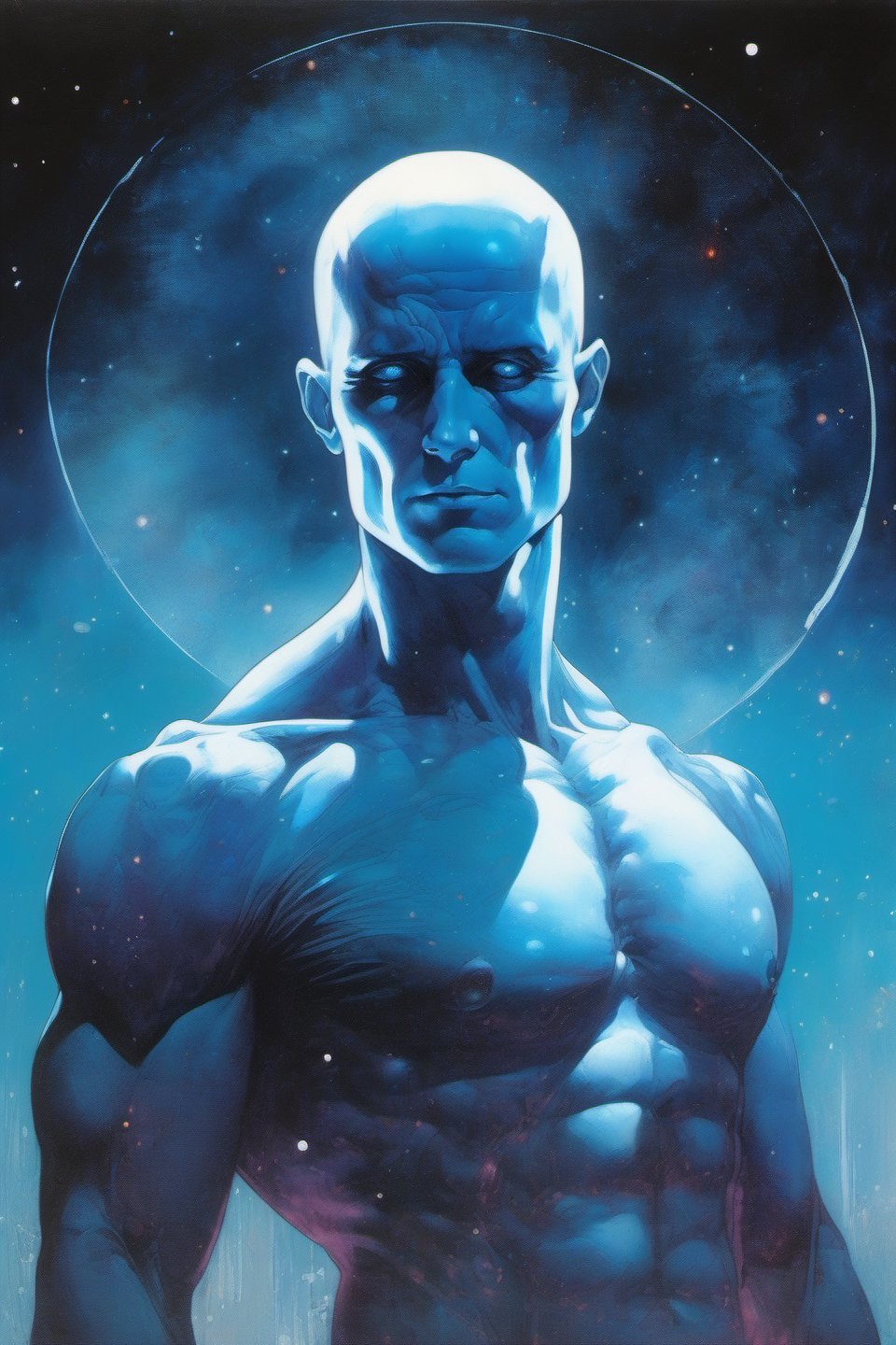 Dr. Manhattan, extremely cold colours, normal skin Highly detailed, highly cinematic, close-up image of a deity of moon, perfect composition, psychedelic night colours, magical flowing mist, galaxy, space, stars, nebula, lots of details,  metallic ink, beautifully lit, a fine art painting by drew struzan and karol bak, gothic art, dark and mysterious, ilya kuvshinov, russ mills, 
