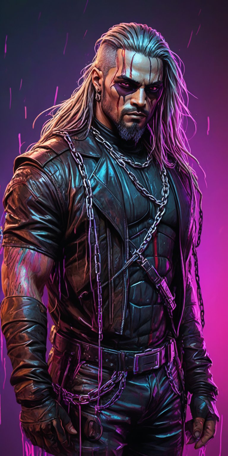 realistic sketch, Deadshot, long flowing hair, chains, (((splashes of synthwave colors,))), synthwave colors,