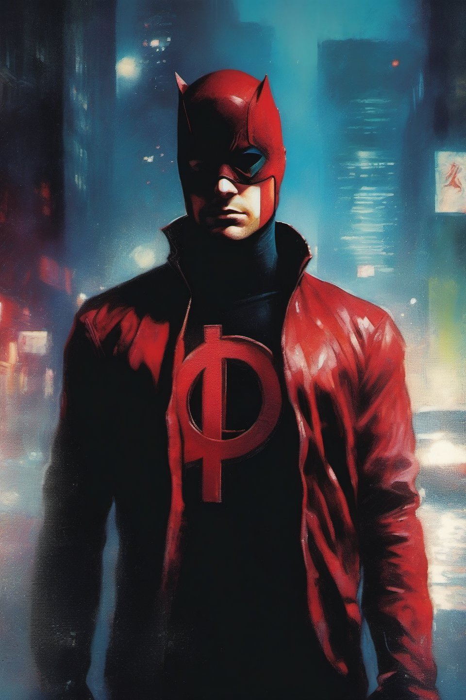 Daredevil, Matt Murdock, Marvel Comics. extremely vibrant colours, normal skin Highly detailed, highly cinematic, close-up image of a deity of justice, perfect composition, psychedelic night colours, magical flowing mist, nightsky, city, lots of details,  metallic ink, beautifully lit, a fine art painting by drew struzan and karol bak, gothic art, dark and mysterious, ilya kuvshinov, russ mills, 
