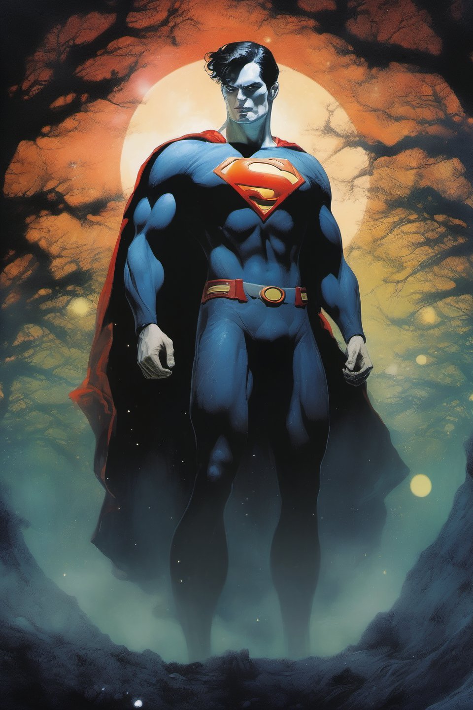 Bizarro, (Creepy Man), (Freak), (pale_white_skin), (short black spiky hair), (crazy eyes), (Superman's outfit), DC Comics, extremely supernatural colours,  Highly detailed, highly cinematic, close-up image of a deity of Vengance, perfect composition, psychedelic colours, magical flowing mist, forest nature, lots of details, nightsky, stars, moon, metallic ink, beautifully lit, a fine art painting by drew struzan and karol bak, gothic art, dark and mysterious, ilya kuvshinov, russ mills, 
