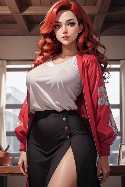 Full length image. An incredibly beautiful femme fatale with long red hair, blue eyes, curve body. she is wearing a long magenta jacket, white t-shirt, black skirt, her hair is beautifully styled. Masterpiece, detailed study of the face, beautiful face, beautiful facial features, perfect image, realistic shots, detailed study of faces, full length image, 8k, detailed image. An extremely detailed illustration, a true masterpiece of the highest quality, with careful drawing., full length image, sv1,1girl, Kanako Kishi