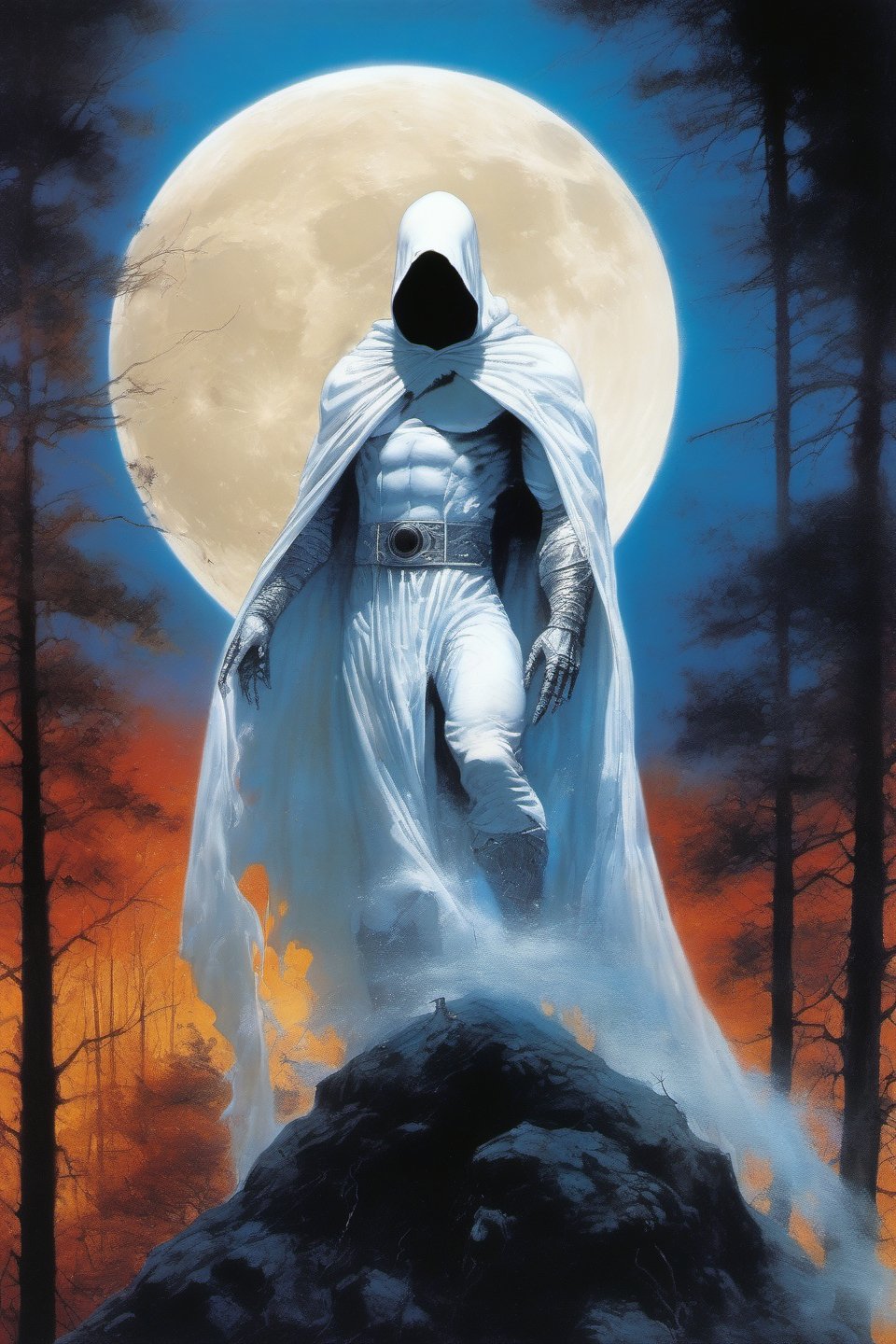 Moon Knight, Marvel Comics, extremely vibrant colours, normal skin Highly detailed, highly cinematic, close-up image of a deity of moon, perfect composition, psychedelic night colours, magical flowing mist, forest nature, silver_blue-fullmoon, lots of details, spirist, ghost, soul,  metallic ink, beautifully lit, a fine art painting by drew struzan and karol bak, gothic art, dark and mysterious, ilya kuvshinov, russ mills, 
