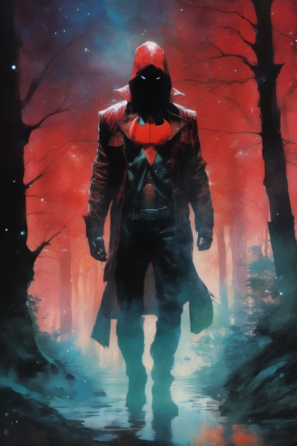 Red Hood, Jason Todd, DC Comics, extremely supernatural colours,  Highly detailed, highly cinematic, close-up image of a deity of Vengance, perfect composition, psychedelic colours, magical flowing mist, forest nature, lots of details, nightsky, stars, moon, metallic ink, beautifully lit, a fine art painting by drew struzan and karol bak, gothic art, dark and mysterious, ilya kuvshinov, russ mills, 
