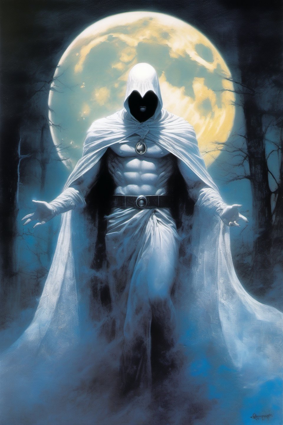 Moon Knight, Marvel Comics, extremely vibrant colours, normal skin Highly detailed, highly cinematic, close-up image of a deity of moon, perfect composition, psychedelic night colours, magical flowing mist, forest nature, silver_blue-fullmoon, lots of details, spirist, ghost, soul,  metallic ink, beautifully lit, a fine art painting by drew struzan and karol bak, gothic art, dark and mysterious, ilya kuvshinov, russ mills, 
