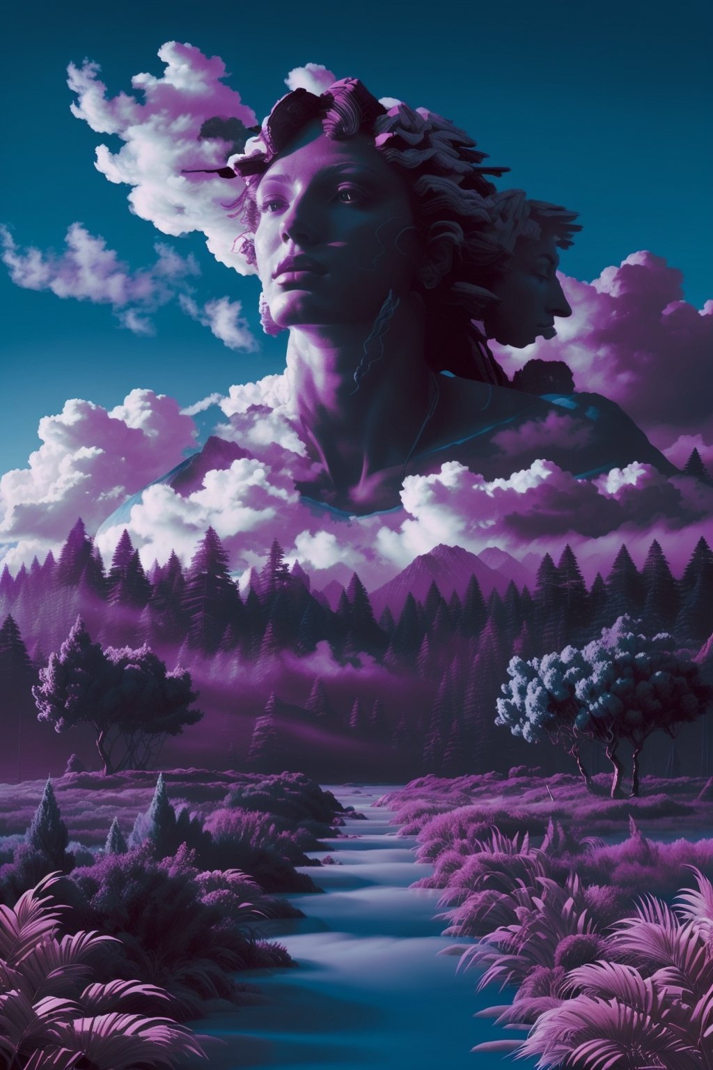 a girl looking in the distance at a landscape of mountains with extensive clouds covering it, a shocking image, overwhelming, surrounded by water, trees, plants, bushes, a forest around, the cloudy blue sky, wallpaper, ((aesthetic)), purple , vapor_graphic, clouds