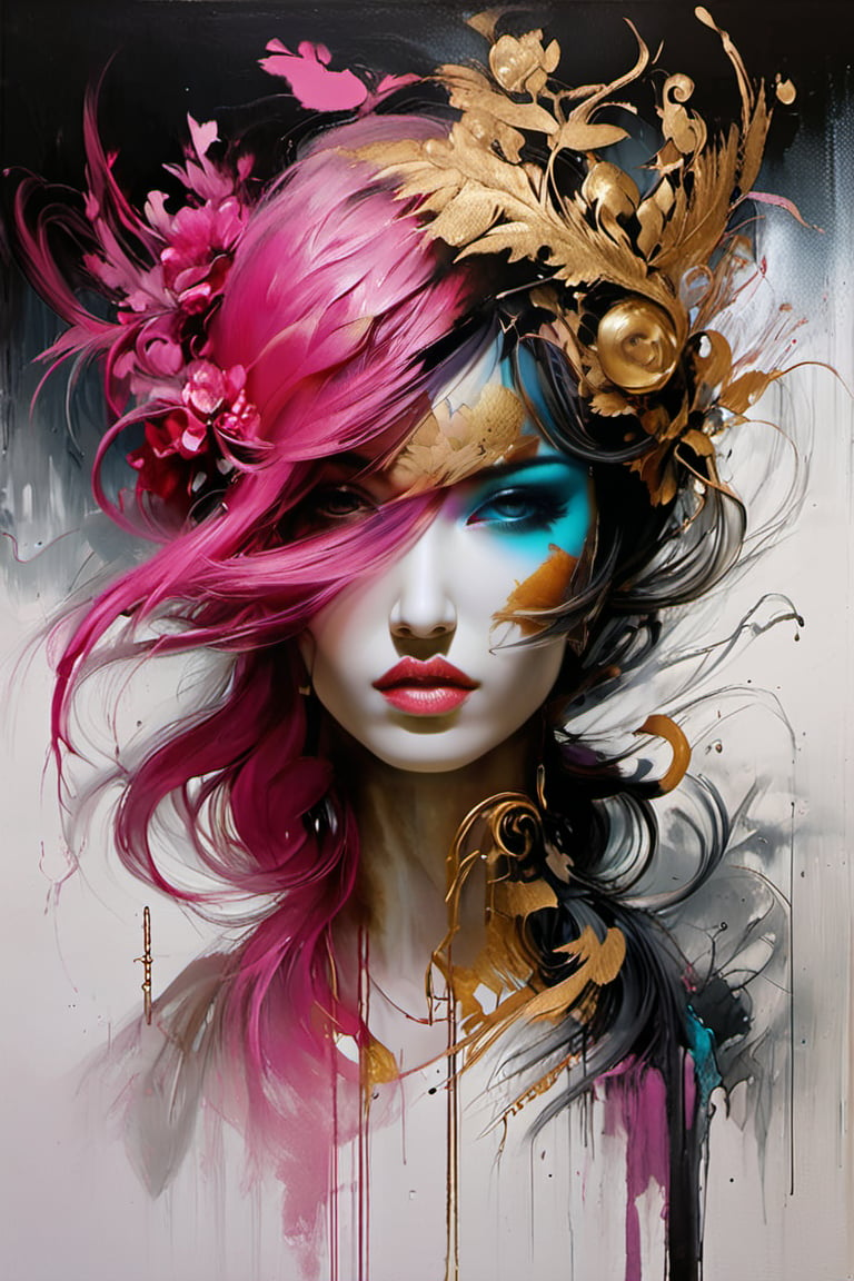 Scumbling painting of a woman with magenta cyan makeup on her face, golden eyes, roughly painted skin, messy paint strokes, by Bastien L. Deharme, gothic art, style of Ashley Wood, bronze and black metal, Sakimichan Frank Franzzeta, beautiful portrait of a hopeless, Ruan Jia and Joao Ruas, watercolors and oil on canvas