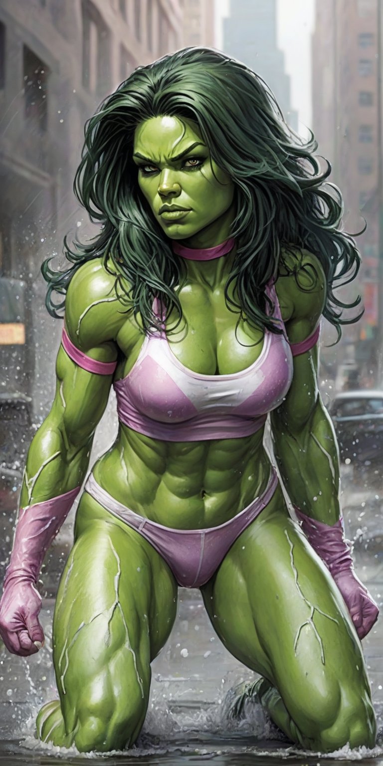 realistic sketch, She-Hulk, (((splashes of pastel colors))), pastel colors,