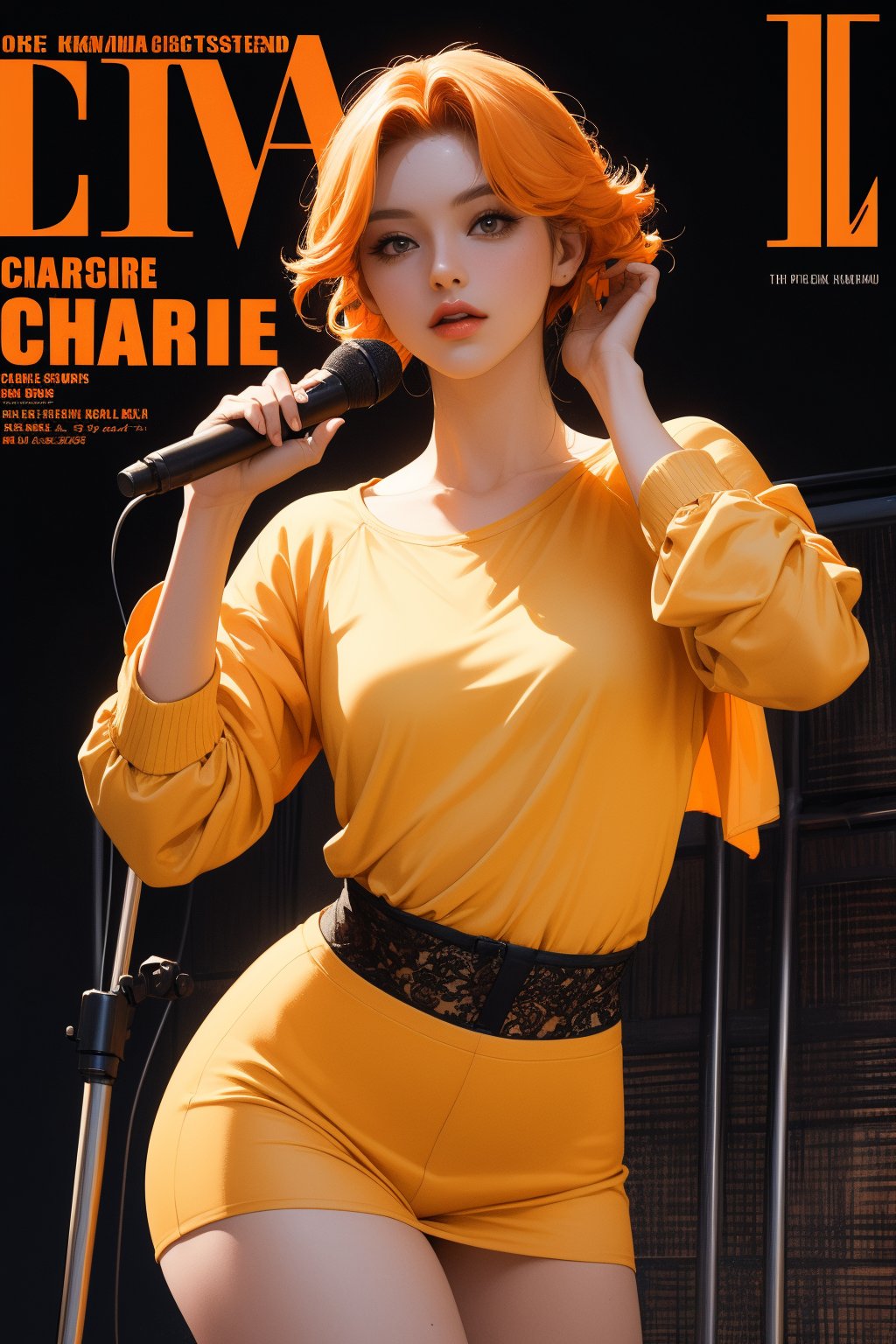 1girl, Charlie Kyrn, looking at viewer, thigh up body, rockstar idol, styled outfit, on stage, professional lighting, red-yellow-orange hair, different hairstyle, coloful, magazine cover, best quality, masterpiece,johyun,kmiu,Charlie Kyrn