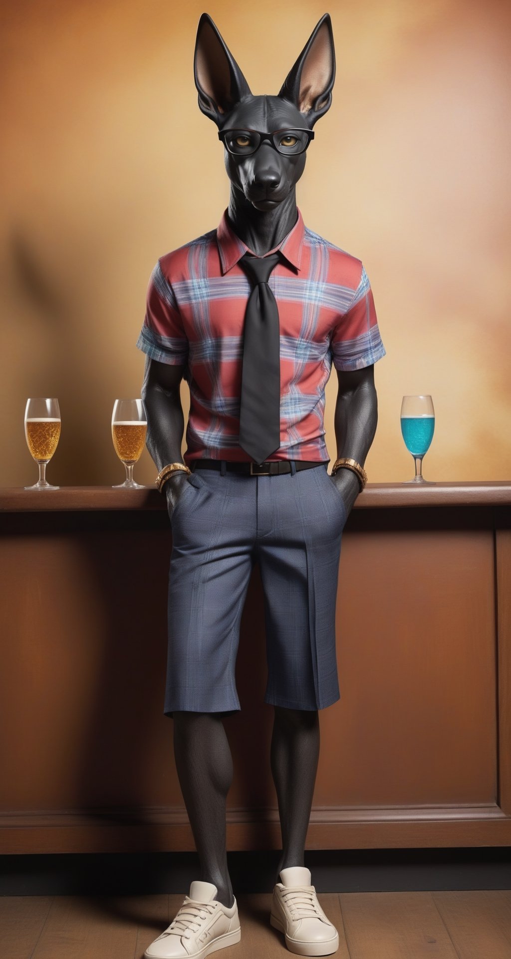 Realistic male Anubis from Egyptian mythology, crudely dressed boy wearing black-rimmed glasses,
  Wearing a Hawaiian shirt, two-color tie, plaid half pants, full body, full body display, plaid sneakers
  The background is a bar, photo r3al,