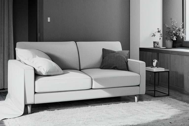 (masterpiece), best quality, living room, medium shot, BlackworkStyleManityro, monochrome, greyscale
