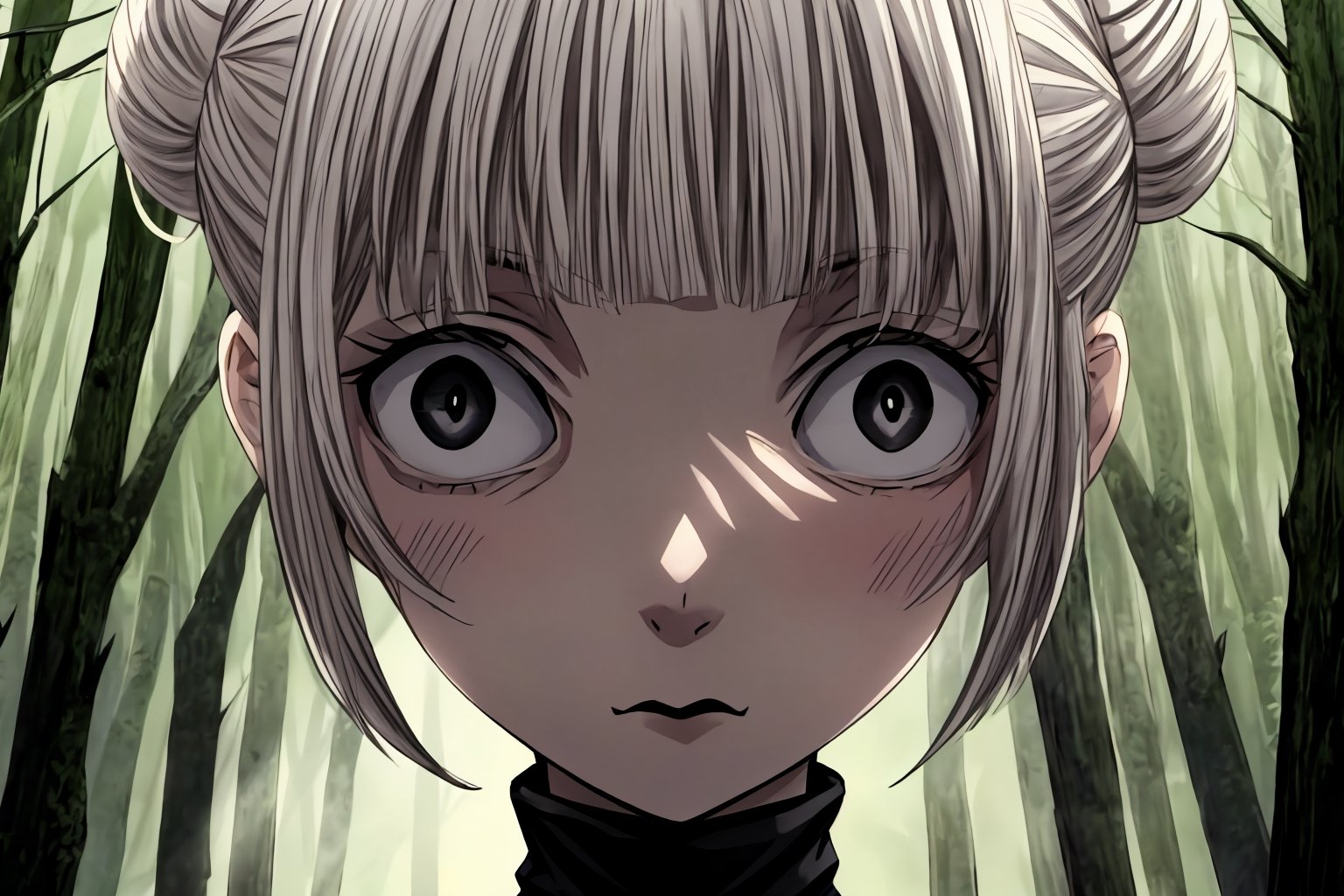 1girl, mature, white hair, short hair, double bun, bangs, black eyes, closed mouth, black lips, sleeveless black shirt, turtleneck, bare shoulders, sleeveless turtleneck, GoingInsane, close-up
BREAK 
outside, forest, trees, grass, fog, daytime, cloudy 
BREAK 
masterpiece, high quality, best quality, highres ,GoingInsane