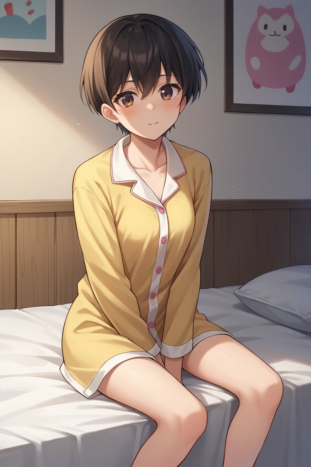 score 9, score 8 up, score 7 up, score 6 up, source anime, 1girl, short hair, pajama outfit, sitting on bed