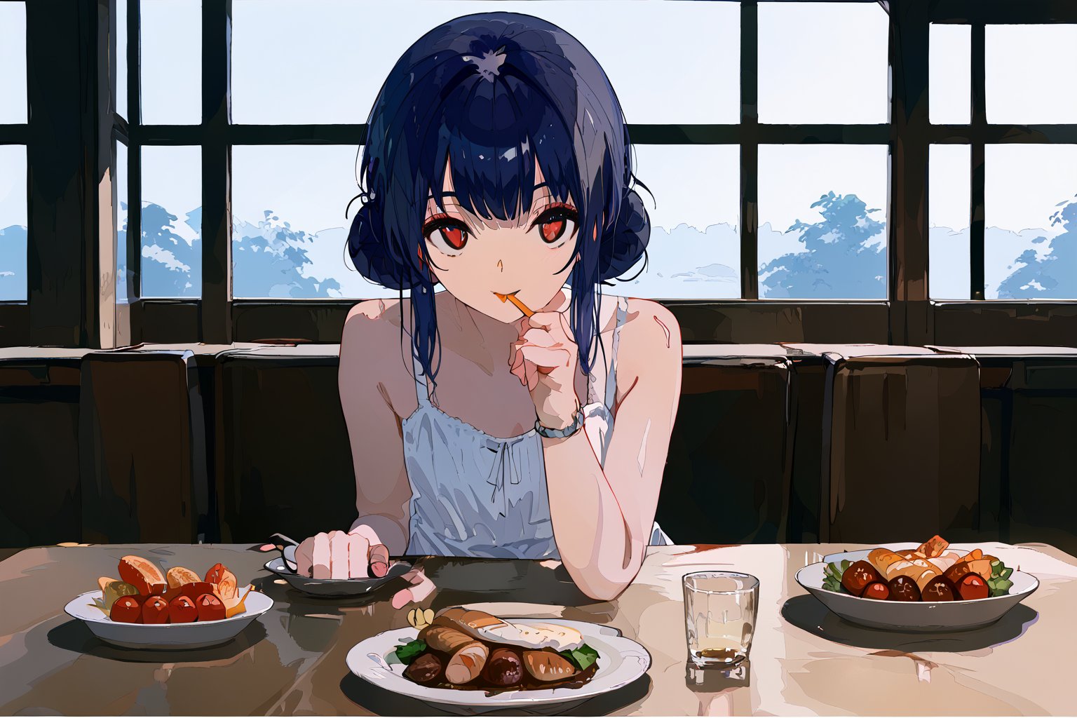 (score_9,score_8_up,score_7_up), 1girl, dark blue hair, single hair bun, red eyes, white dress, sundress,sitting,across table,across table pov,date,date pov,food on table, restaurant, indoor