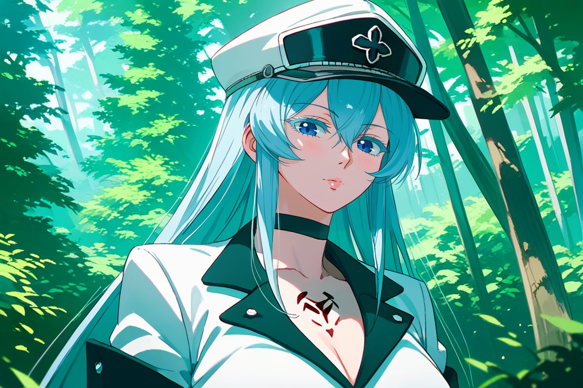 (score_9,score_8_up,score_7_up), 1girl, solo, mature female, aldult, Esdeath, upper body, standing, outdoors, nature, trees, oshi_no_ko_style