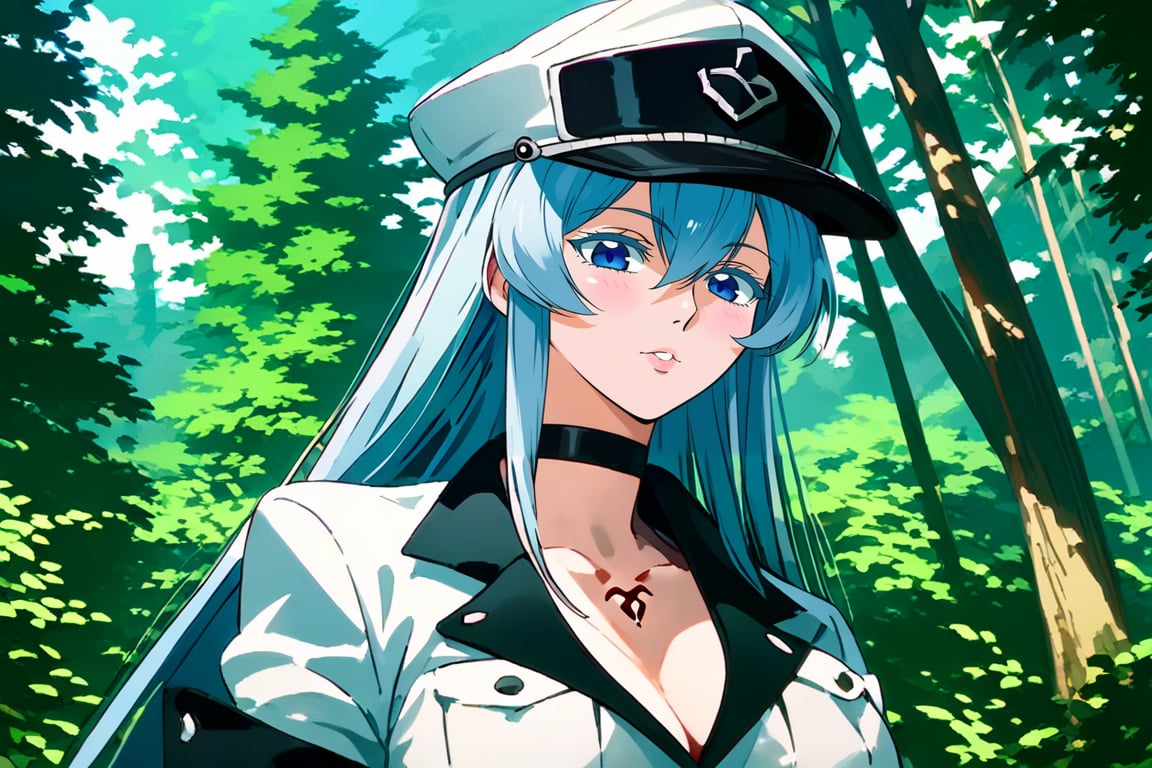 (score_9,score_8_up,score_7_up), 1girl, solo, mature female, aldult, Esdeath, upper body, standing, outdoors, nature, trees, oshi_no_ko_style