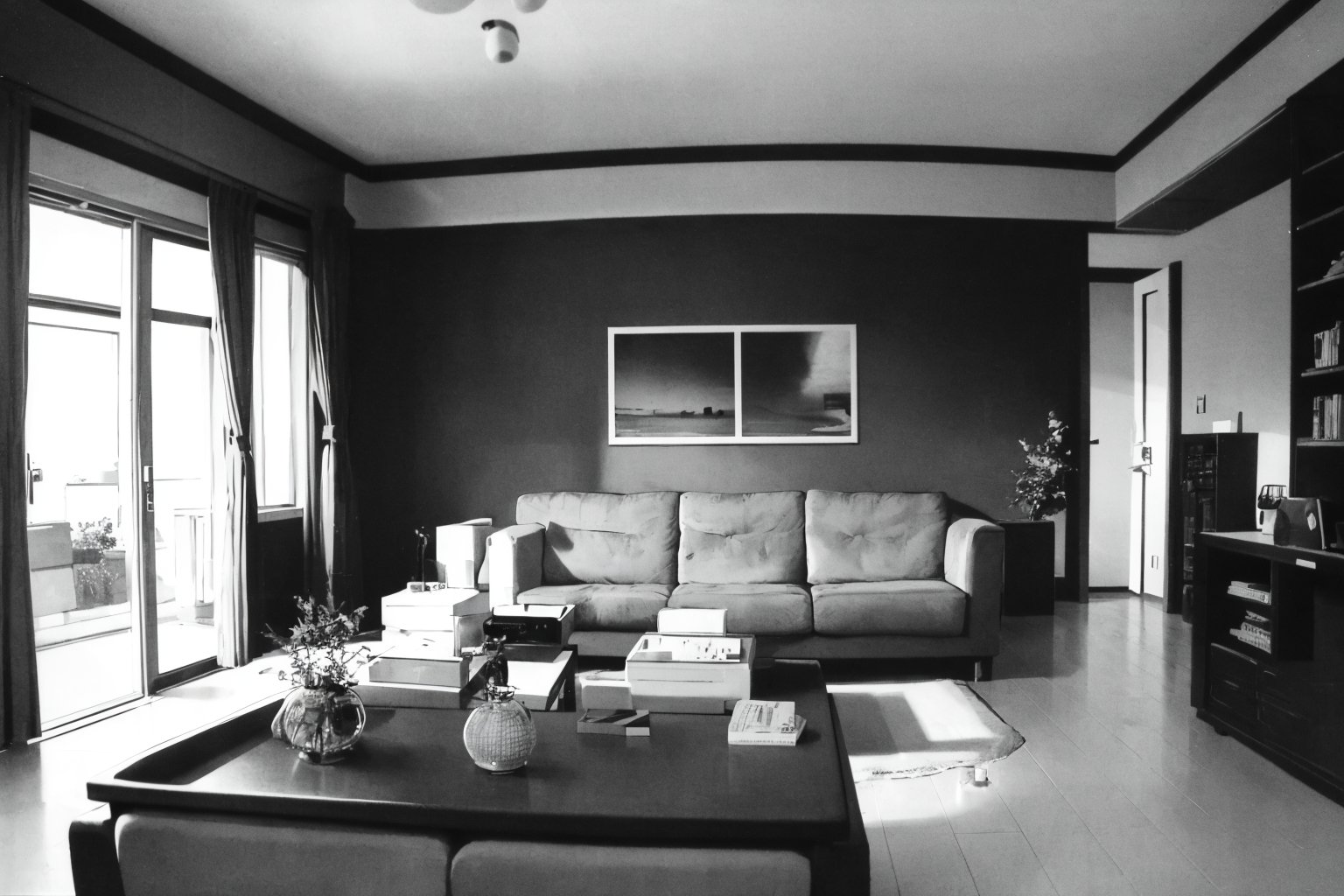(masterpiece), best quality, living room, medium shot, fujimotostyle, Monochromatic