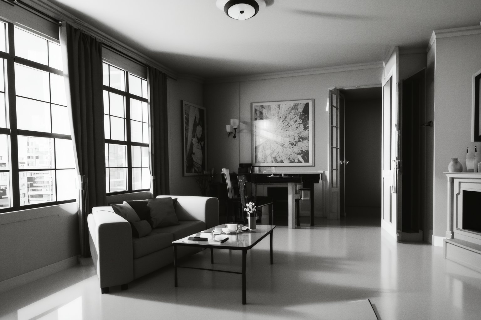 (masterpiece), best quality, living room, medium shot, fujimotostyle,Monochromatic, 3D