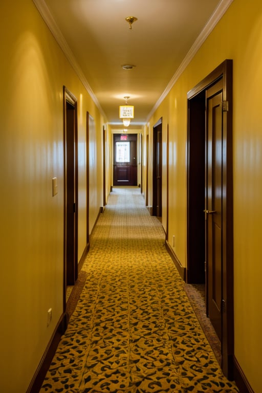 cinematic photo of hotel hallway, yellow wallpaper