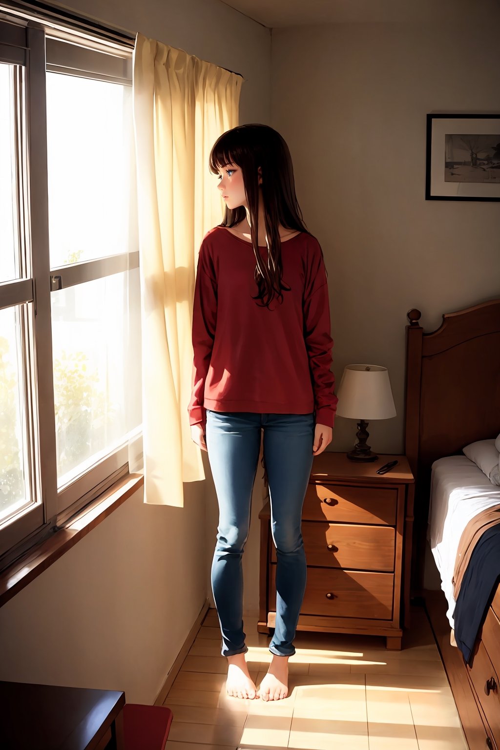 girl, brown hair, long hair, standing, bedroom